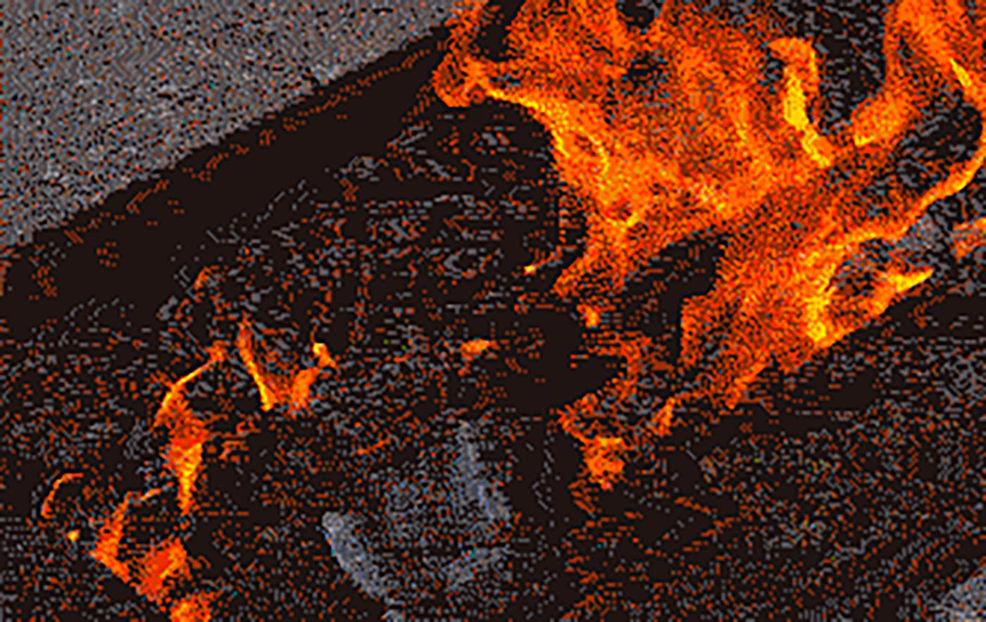 Pixelated closeup of burning flames within a boundary.